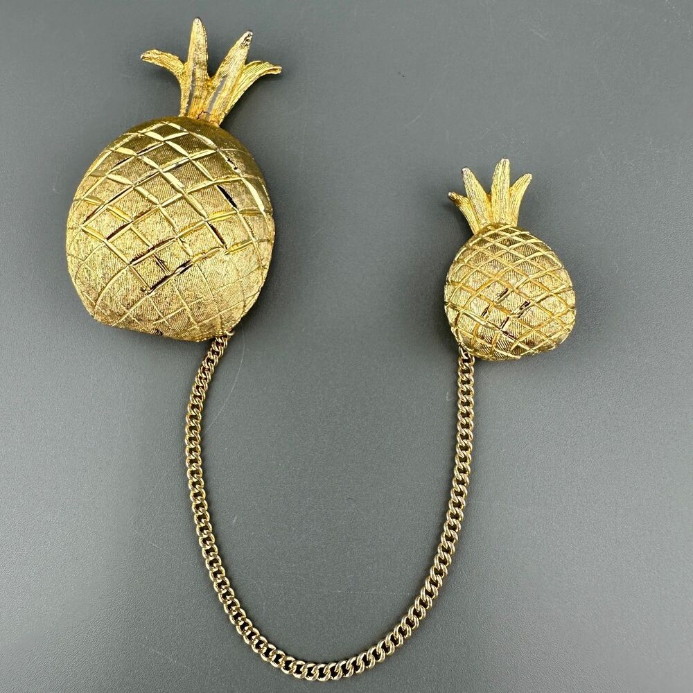 Vintage BSK Pineapple Brooch Double Pin Gold Tone Figural Connected 5" Chain